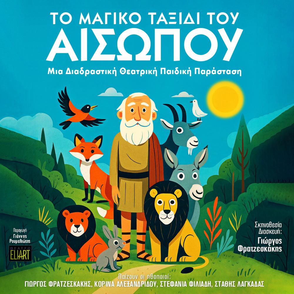 Σκηνή από τη διαδραστική παιδική παράσταση «Το μαγικό ταξίδι του Αισώπου»