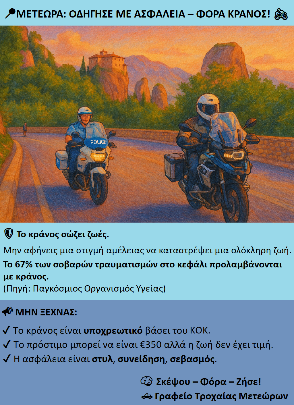 Αξιωματικοί του Α.Τ. Μετεώρων ενημερώνουν στην Καλαμπάκα για τη χρήση προστατευτικού κράνους σε οδηγούς και επιβάτες δικύκλων.